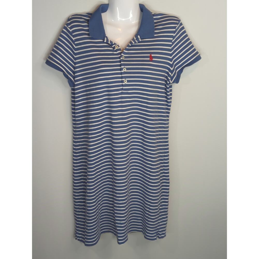 Ralph Lauren Blue & White Stripe Interlock‎ Polo Dress Womens L Nautical Coastal